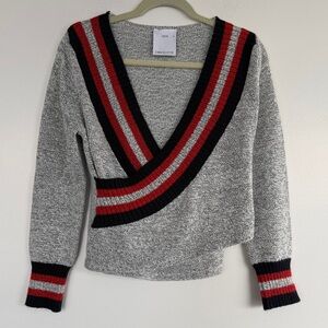 C/MEO Collective Gray V-Neck Sweater W/ Bold Red & Navy Ribbed Cross-Over, Sz. M